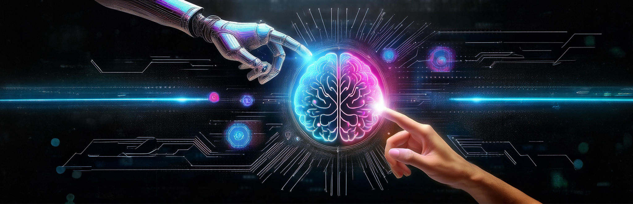 Robot vinger en menselijke vinger wijzen naar één brein, afbeelding ter ondersteuning aan de blog over het belang van verandermanagement bij AI